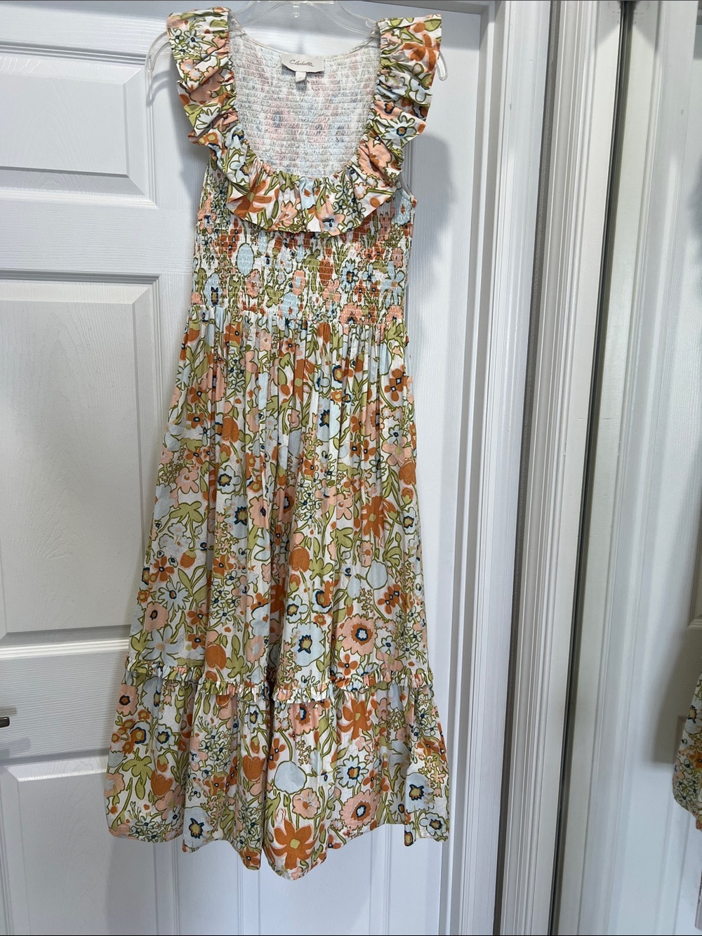 Cleobella Zoe Floral Ruffle-Trim Maxi Dress in Orange and Cream, Size Medium